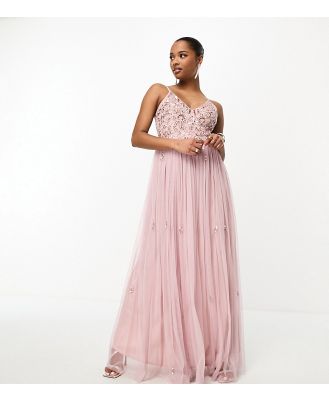 Beauut Petite Bridesmaid cami 2 in 1 maxi dress with embellished top and tulle skirt in frosted pink