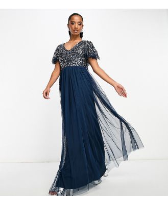 Beauut Petite Bridesmaid embellished maxi dress with flutter detail in navy