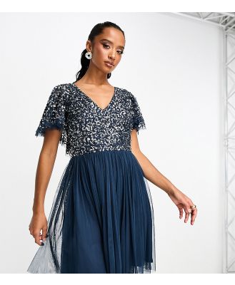 Beauut Petite Bridesmaid embellished mini dress with flutter detail in navy