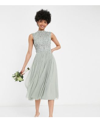 Beauut Tall Bridesmaid 2 in 1 embellished midi dress with full tulle skirt in sage-Green