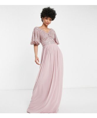 Beauut Tall Bridesmaid embellished bodice maxi dress with flutter sleeve in frosted pink