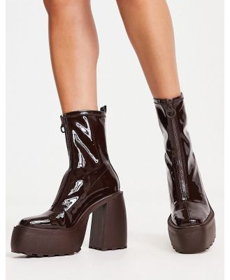 Bershka chunky sole platform heeled boots in patent brown