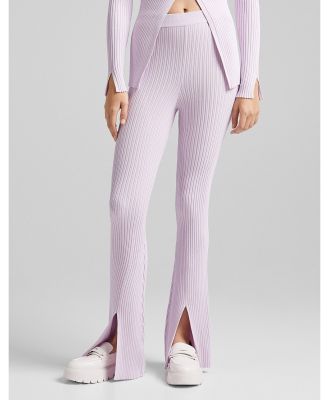 Bershka knitted rib detail pants with split detail in lilac-Purple