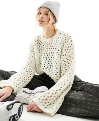 Bershka open knit bell sleeve jumper in ecru-Neutral