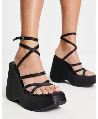 Bershka strap up detail chunky satin sandals in black