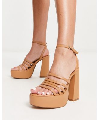 Bershka strap up heeled sandals in beige-Neutral