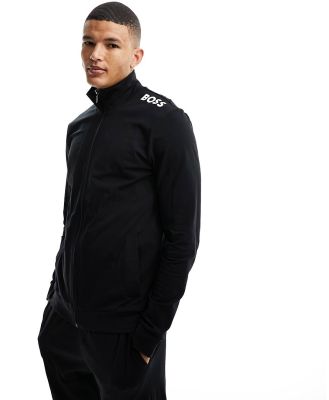 BOSS Bodywear zip jacket with printed logo in black