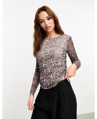 BOSS mesh long sleeve top in leopard print-Neutral