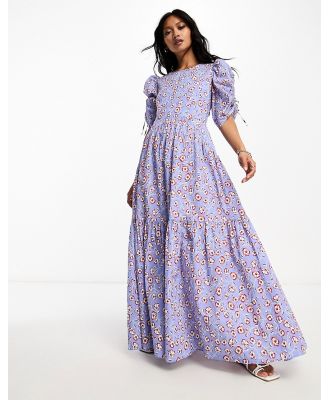BOSS Orange Debest floral maxi dress in light blue with puff sleeves