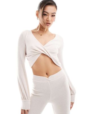 Boux Avenue long sleeve twist front lounge crop top in cream-White