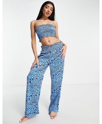Brave Soul bandeau and wide leg pants beach (part of a set) in blue swirl print