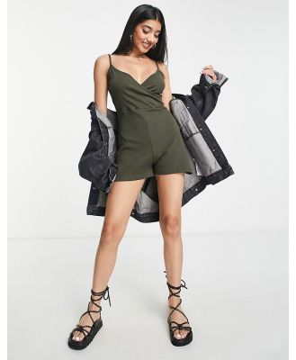 Brave Soul Belle wrap front cami playsuit in khaki-Green