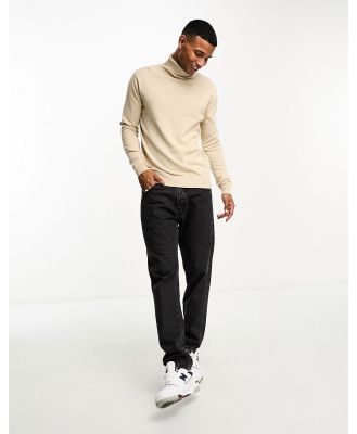 Brave Soul cotton roll neck jumper in stone-Neutral