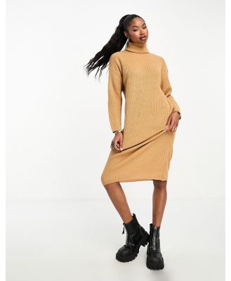 Brave Soul Emma roll neck knitted maxi dress in camel-Neutral