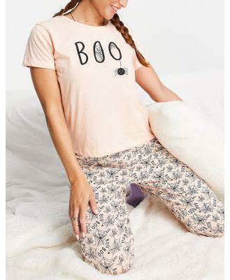 Brave Soul halloween boo spider pyjamas in peach and black-Pink