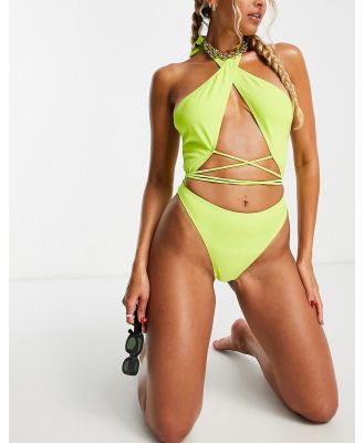 Brave Soul halter cut out wrap swimsuit in neon lime green