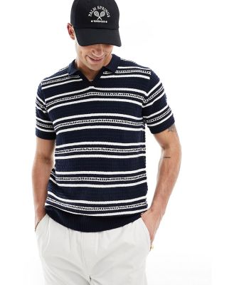 Brave Soul heavyweight textured knit trophy neck polo in navy stripe