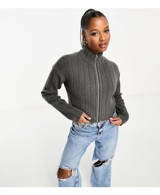 Brave Soul Petite Frankie zipped front ribbed jumper in charcoal-Grey