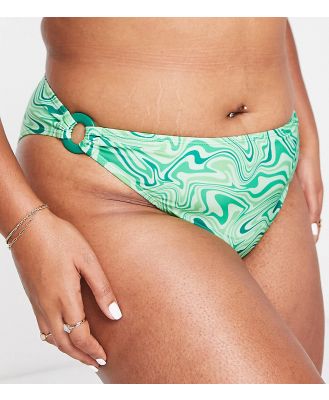 Brave Soul Plus bikini bottoms with ring detail in green swirl print
