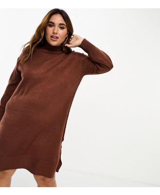 Brave Soul Plus Olivia roll neck knitted midi dress in chocolate brown