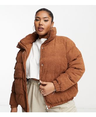 Brave Soul Plus Slay cord puffer jacket in tan-Brown