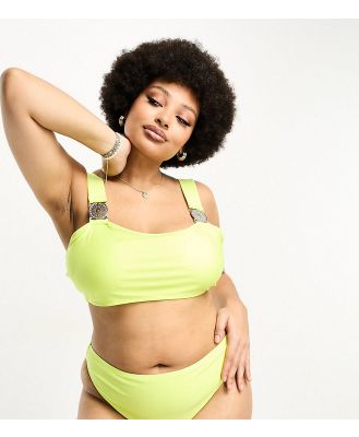 Brave Soul Plus square neck bikini top with jewel detail in neon lime green