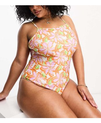 Brave Soul Plus square neck swimsuit in orange floral print