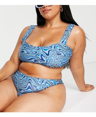 Brave Soul Plus sweetheart neckine bikini top with wide straps in blue swirl print