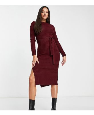 Brave Soul Tall Eddie knitted dress with slit in burgundy-Red