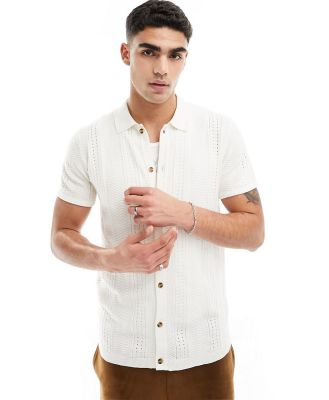 Brave Soul textured knit button up polo in vintage white