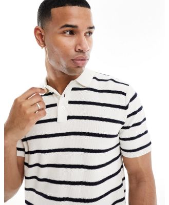 Brave Soul textured knit stripe polo in white