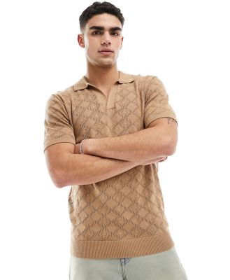 Brave Soul textured knit trophy neck polo in tan-Brown