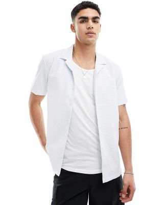 Brave Soul textured revere collar shirt in white & pale blue