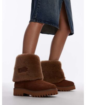 Bronx Groov-y shearling fold over ankle boots in cognac suede-Brown