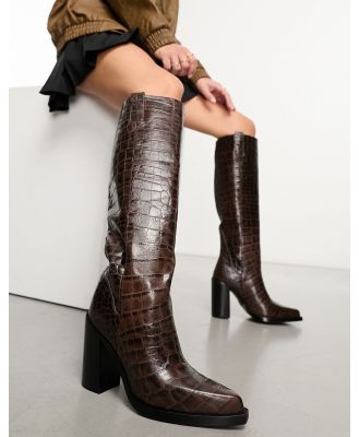 Bronx Mya-Mae heeled knee boots in brown croc leather