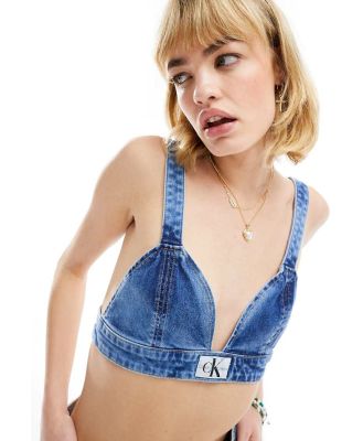 Calvin Klein Jeans denim bralet in mid wash-Blue