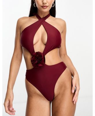 Candypants cross front cut out swimsuit with corsage detail in burgundy-Red