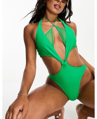 Candypants knot front cut out mesh swimsuit in bright green