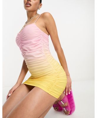 Candypants ombre ruched strappy mini summer dress in pink and yellow-Multi