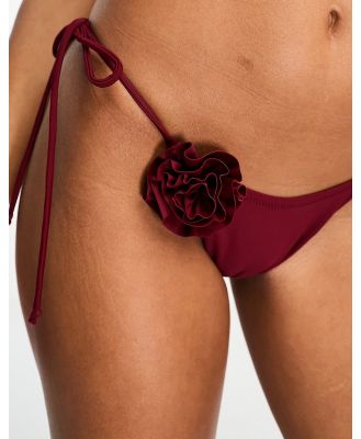 Candypants tie side bikini bottoms with corsage detail in burgundy-Blue