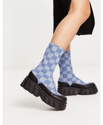 Charles & Keith checkerboard denim calf boots in blue