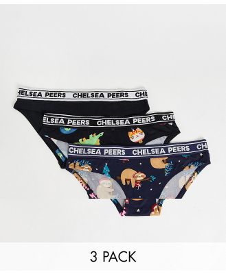 Chelsea Peers christmas sloths 3 pack briefs in navy and black