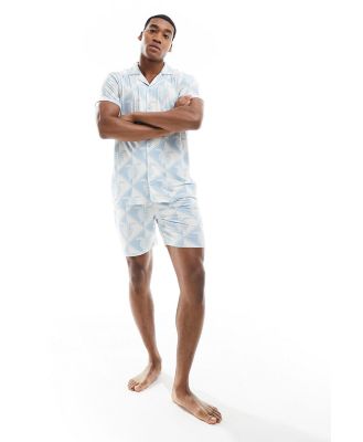 Chelsea Peers short sleeve revere shirt and shorts pyjama set in turtle geo print-White