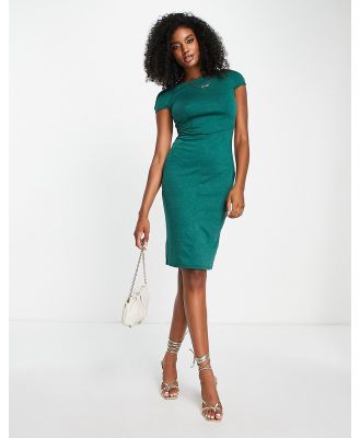 Closet London puff shoulder pencil dress with bodice detail in emerald-Green