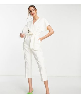 Closet London Tall tie waist kimono jumpsuit in cream-White