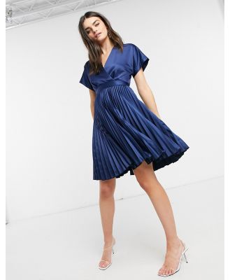Closet London wrap front pleated midi skater dress in navy