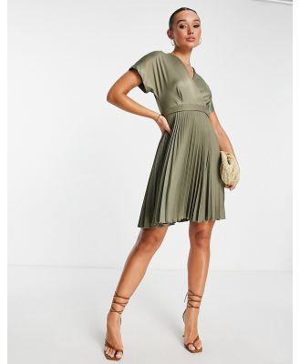 Closet London wrap front pleated midi skater dress in olive-Green