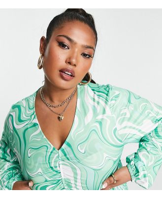 Collective the Label Curve exclusive balloon sleeve crop top in green swirl print (part of a set)