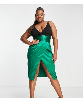 Collective the Label Curve exclusive plunge ruched waist midi dress in emerald-Black