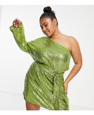 Collective the Label Curve one sleeve tie waist sequin mini dress in lime-Green